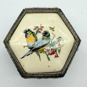 Vintage Mele Macaw Japan Jewelry Box Hexagon Bird Porcelain Lid Trinket Box